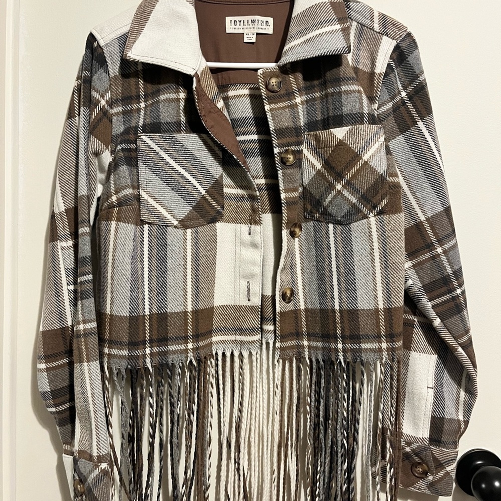 Idyllwind Brown White and Gray Plaid Fringe Shacket